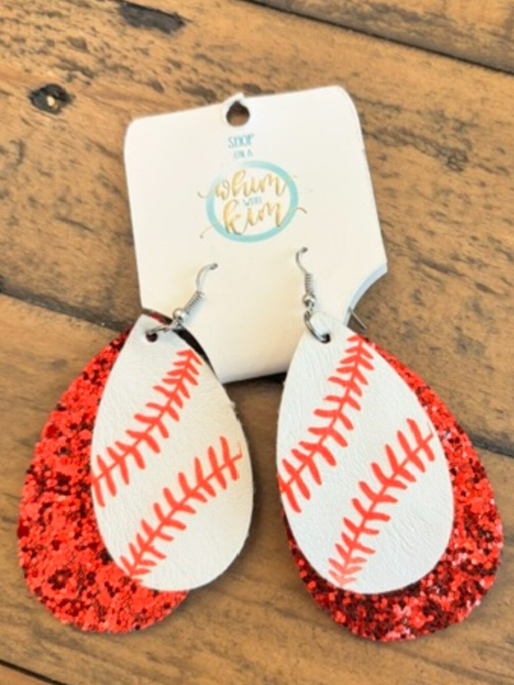 Baseball Leather Earrings Red Glitter Layered Teardrop Game Day Sports
